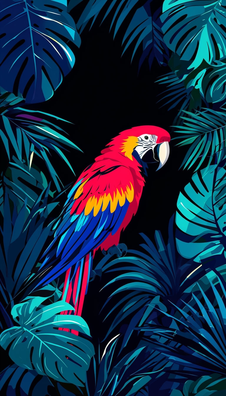Vibrant Stylized Macaw Hidden in Tropical Foliage Mobile Wallpaper