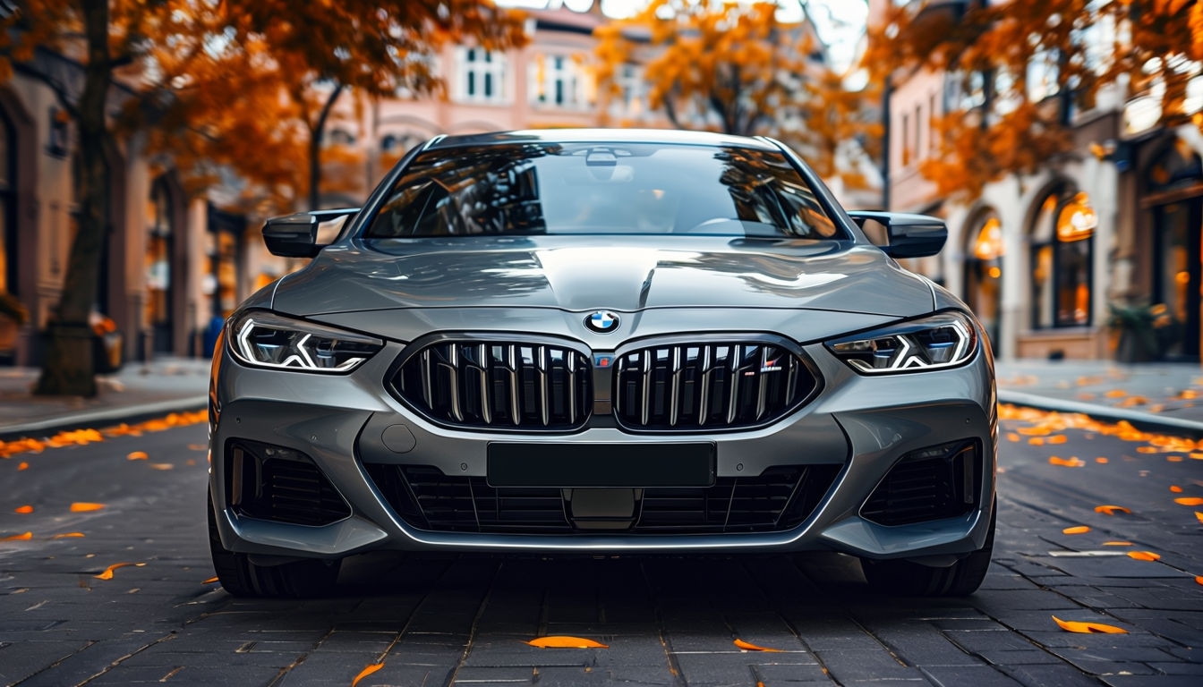 Sleek Silver BMW Sedan in Autumn Urban Street Scene Background Virtual Backgrounds