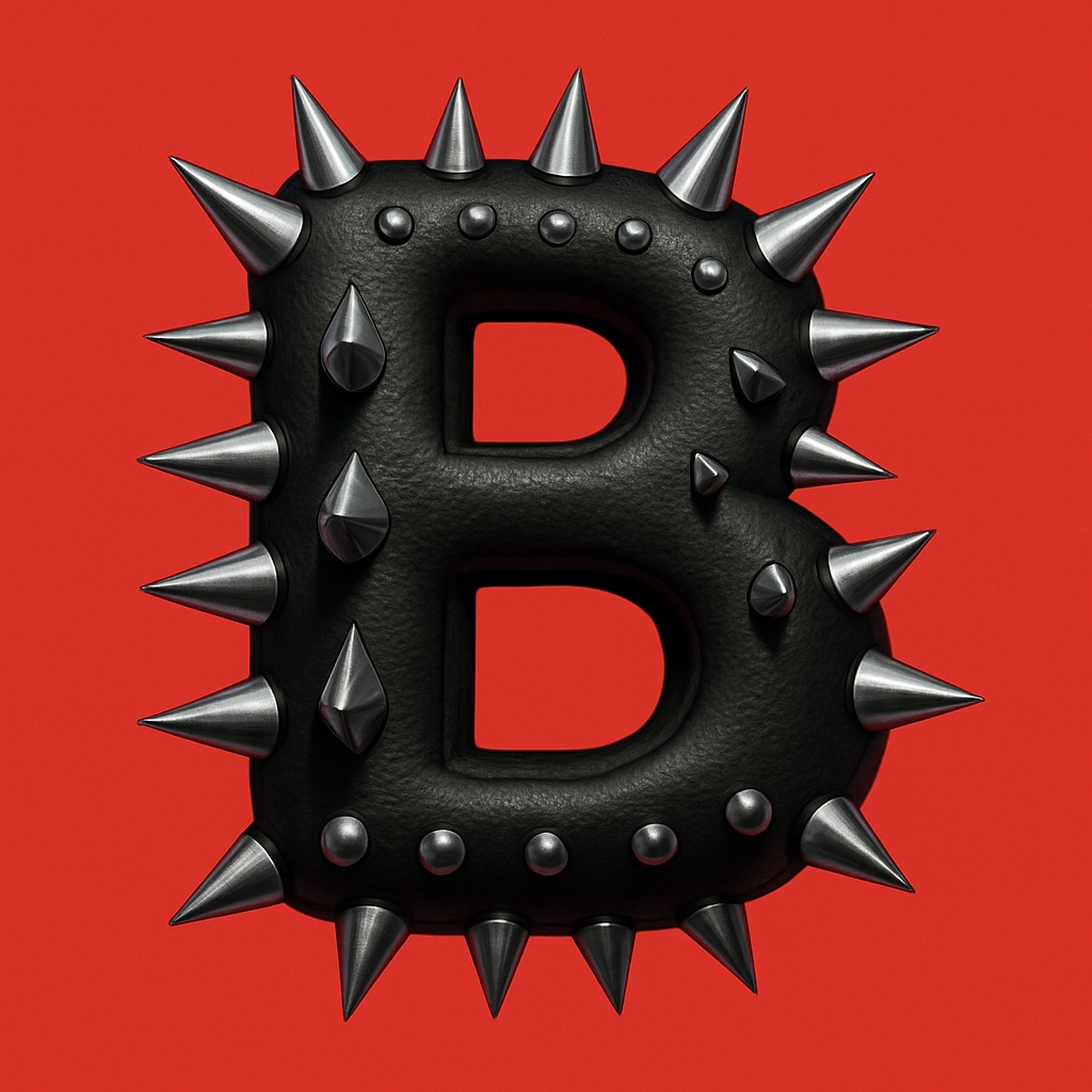 Bold 3D Black Leather Letter B with Silver Spikes Monogram