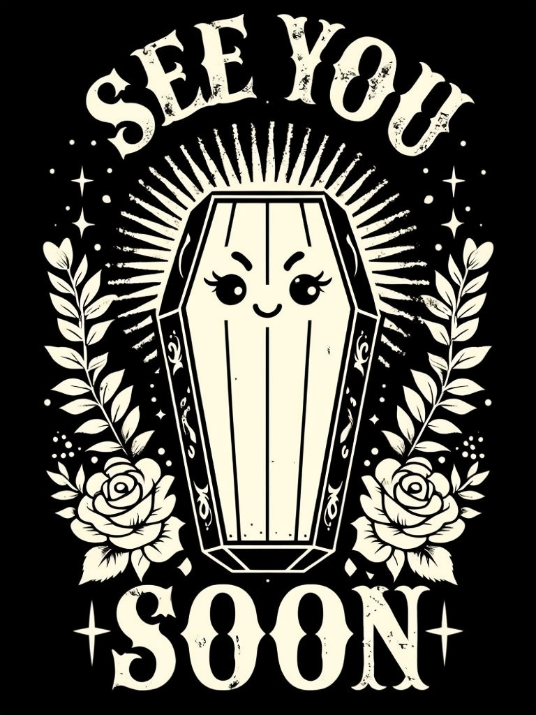 Kawaii Coffin Graphic Design with 'See You Soon' Poster