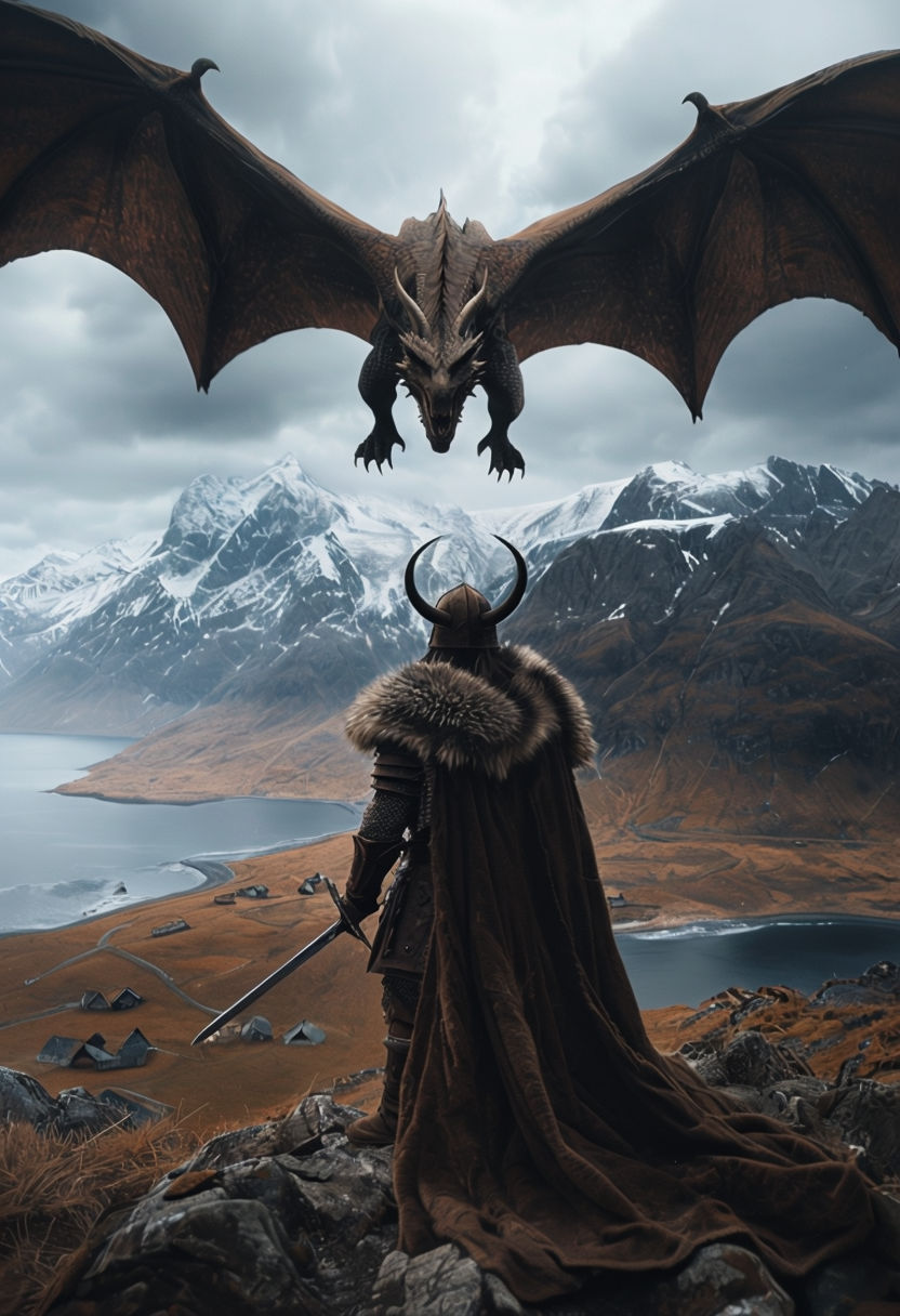 Epic Fantasy Warrior Confronting Dragon in Majestic Mountain Scene Art