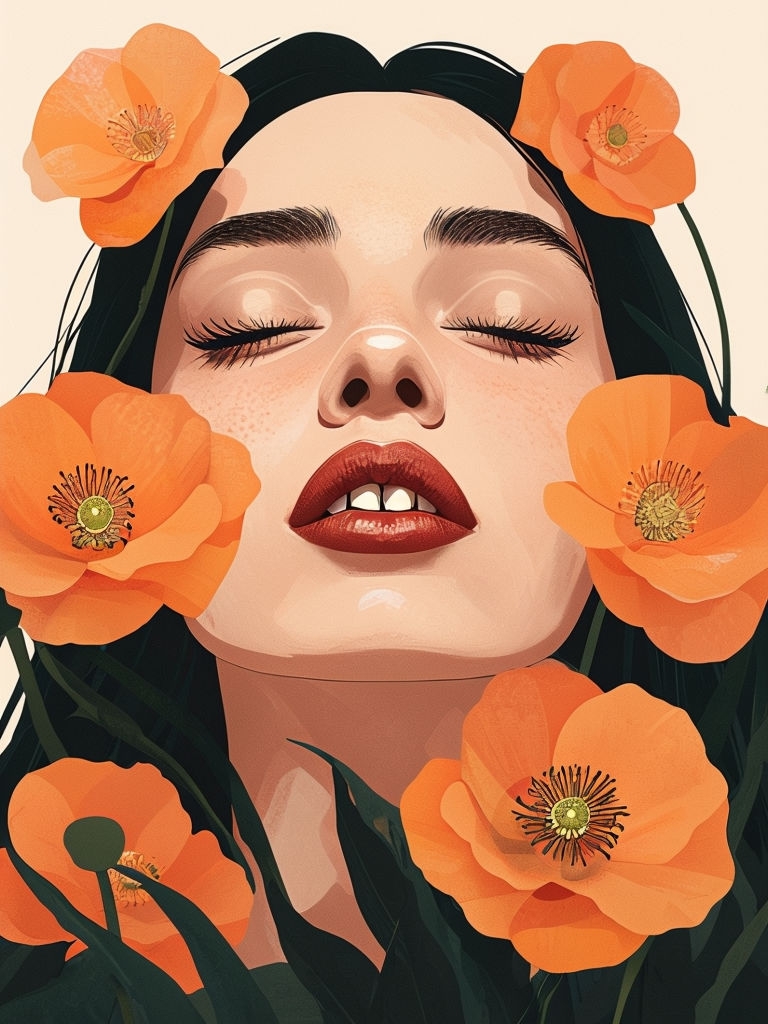 Serene Woman's Face Surrounded by Orange Poppies Illustration Art