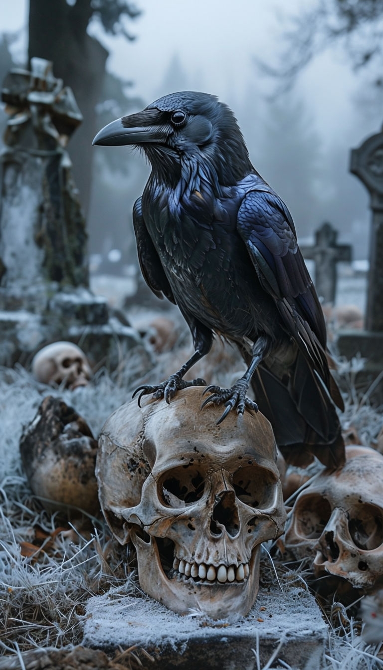 Eerie Raven on Skull in Haunting Graveyard Scene Mobile Wallpaper