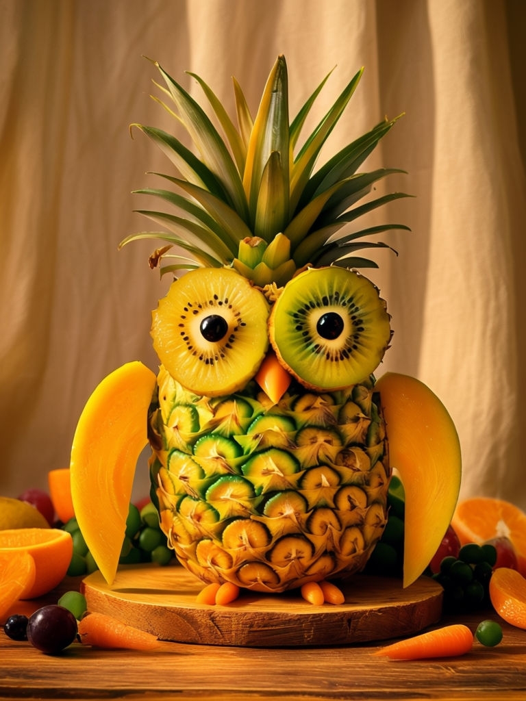 Whimsical Pineapple Owl Fruit Sculpture Photography Art