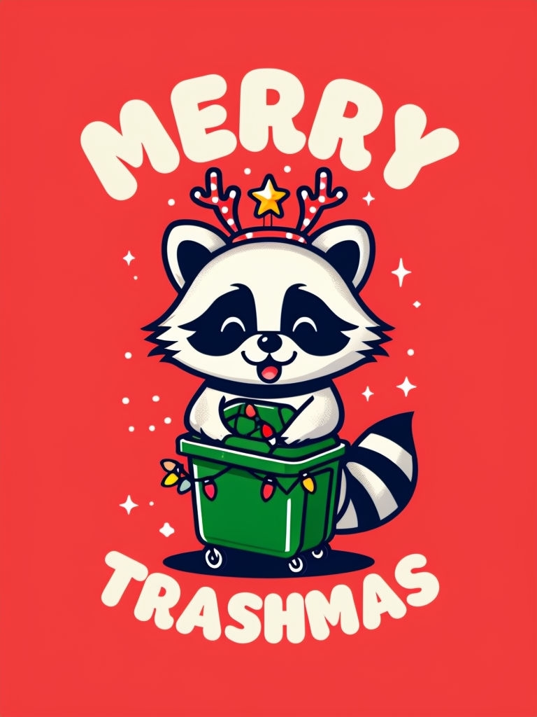 Cheerful Raccoon with Christmas Lights and Trashmas Theme Poster