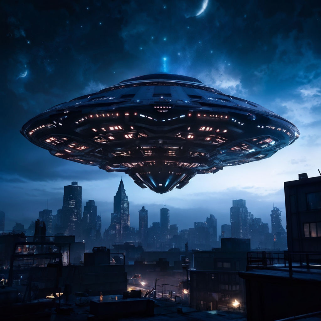 "Alien giant space mothership in the middle of the night sky with foggy clouds and being surrounded by hundreds of tiny space ships flying above new york" <!-- -->- Playground