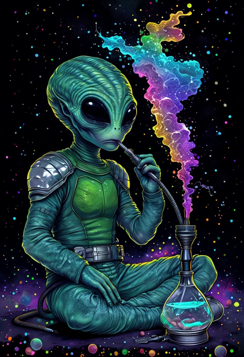 Cosmic Alien Hookah Smoker in Futuristic Space Scene T-shirt