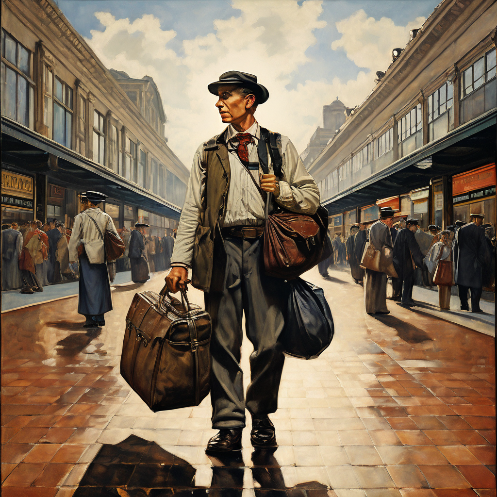 Train station man carrying bags in the style of norman rockw by shay