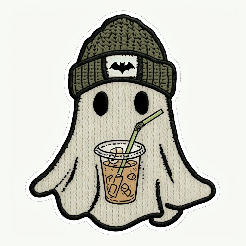 Playful Cartoon Ghost with Olive Green Beanie Hat Illustration Hats