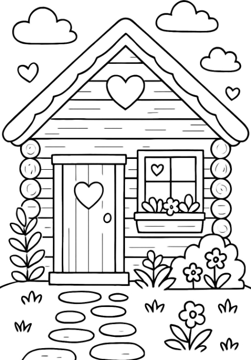 Charming Log Cabin with Heart Details for Coloring Book Pages