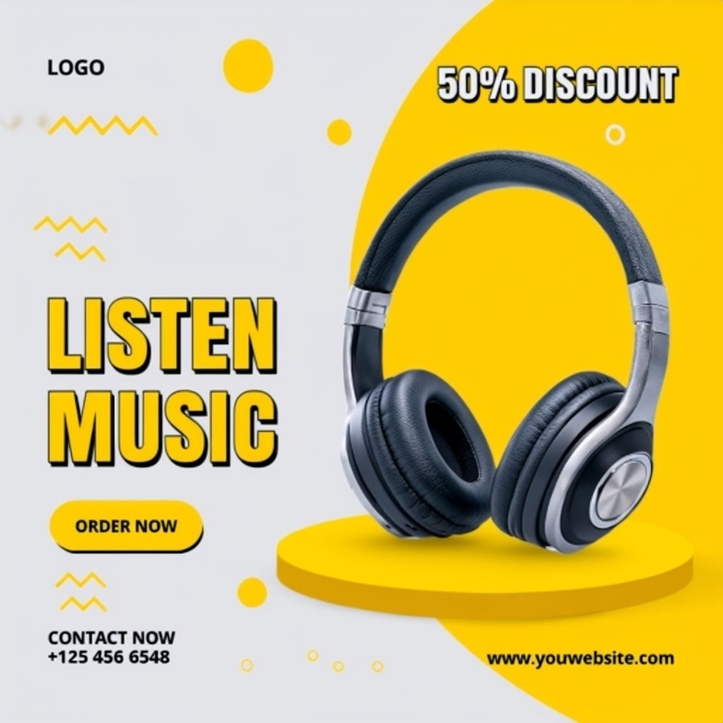 Minimalist Yellow Headphones Promotion Banner Design Ads
