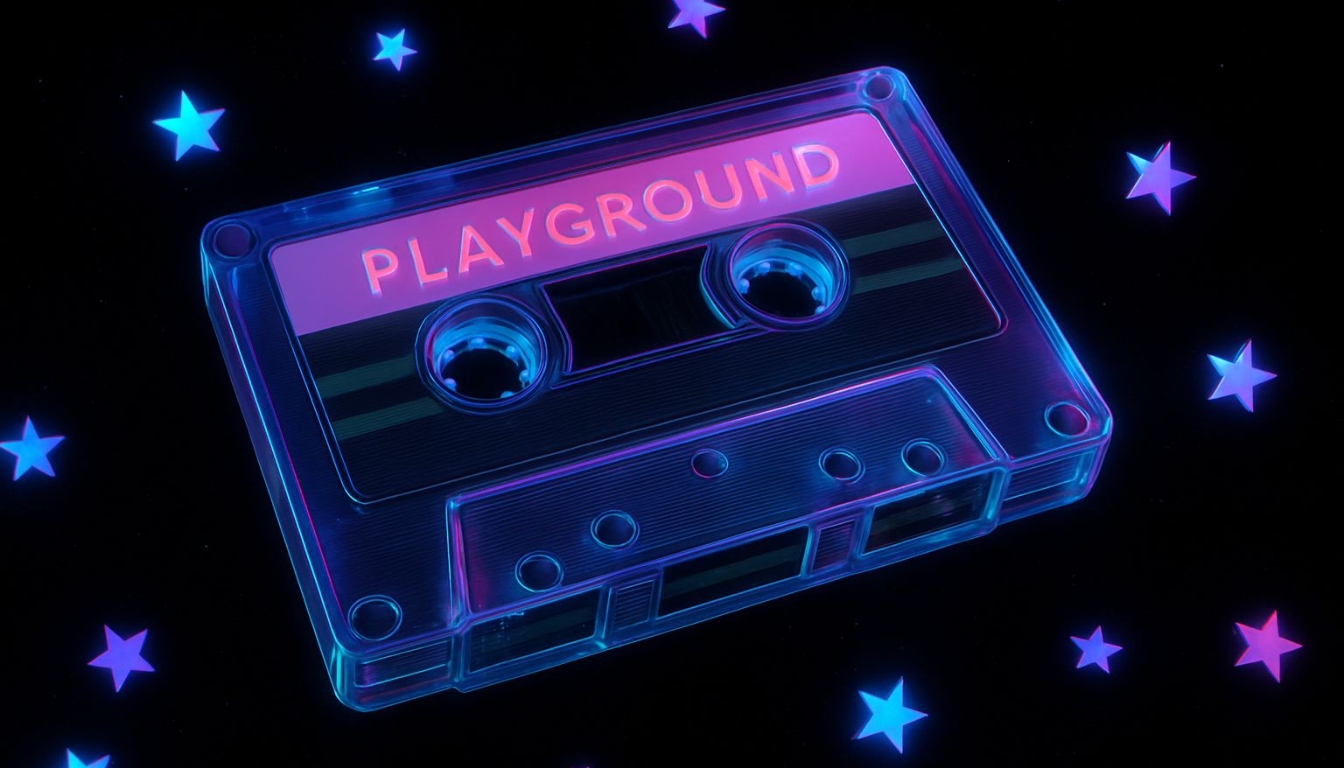 Neon-Lit Retro Cassette Tape with Glowing Stars Background Virtual Backgrounds