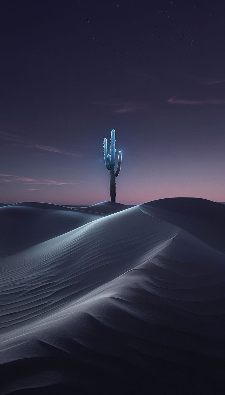 Eerie Twilight Desert Landscape with Glowing Cactus Mobile Wallpaper
