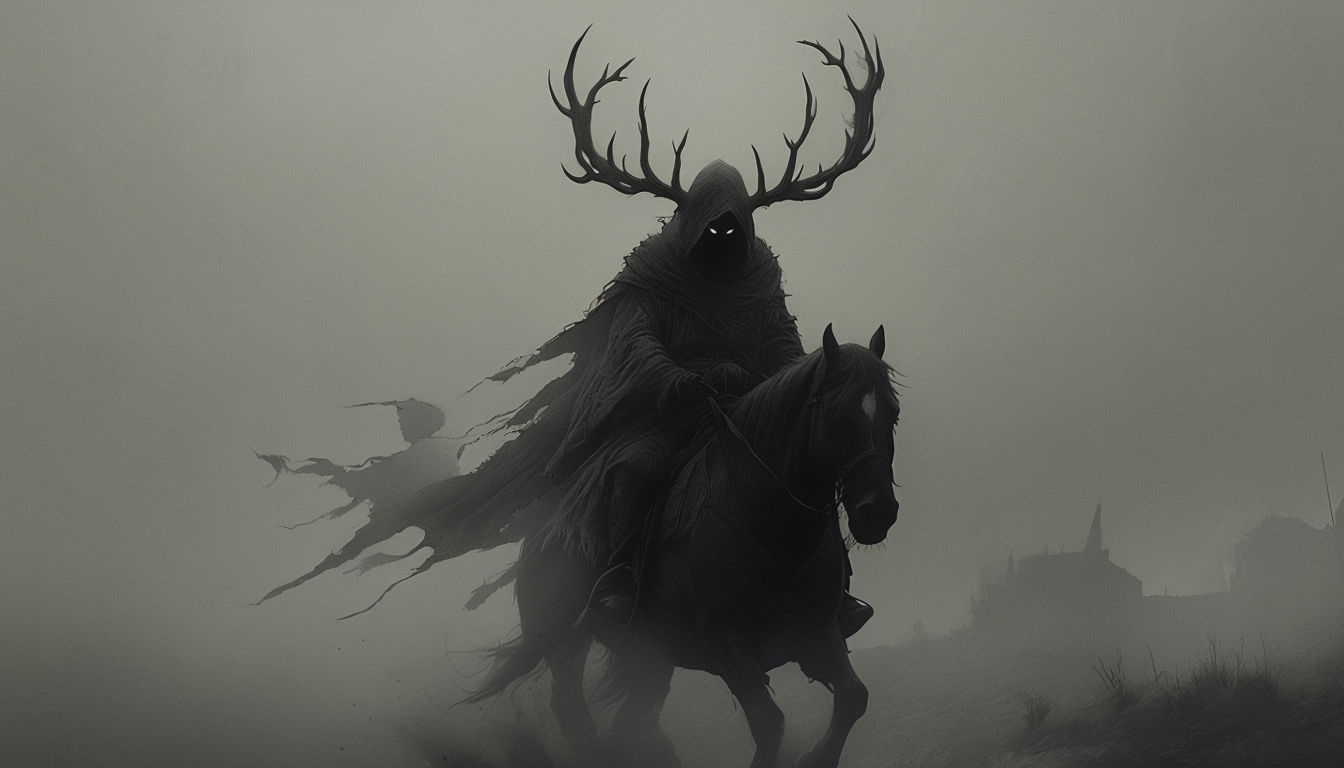 Sinister Cloaked Figure Riding Ominous Horse in Foggy Landscape Virtual Backgrounds