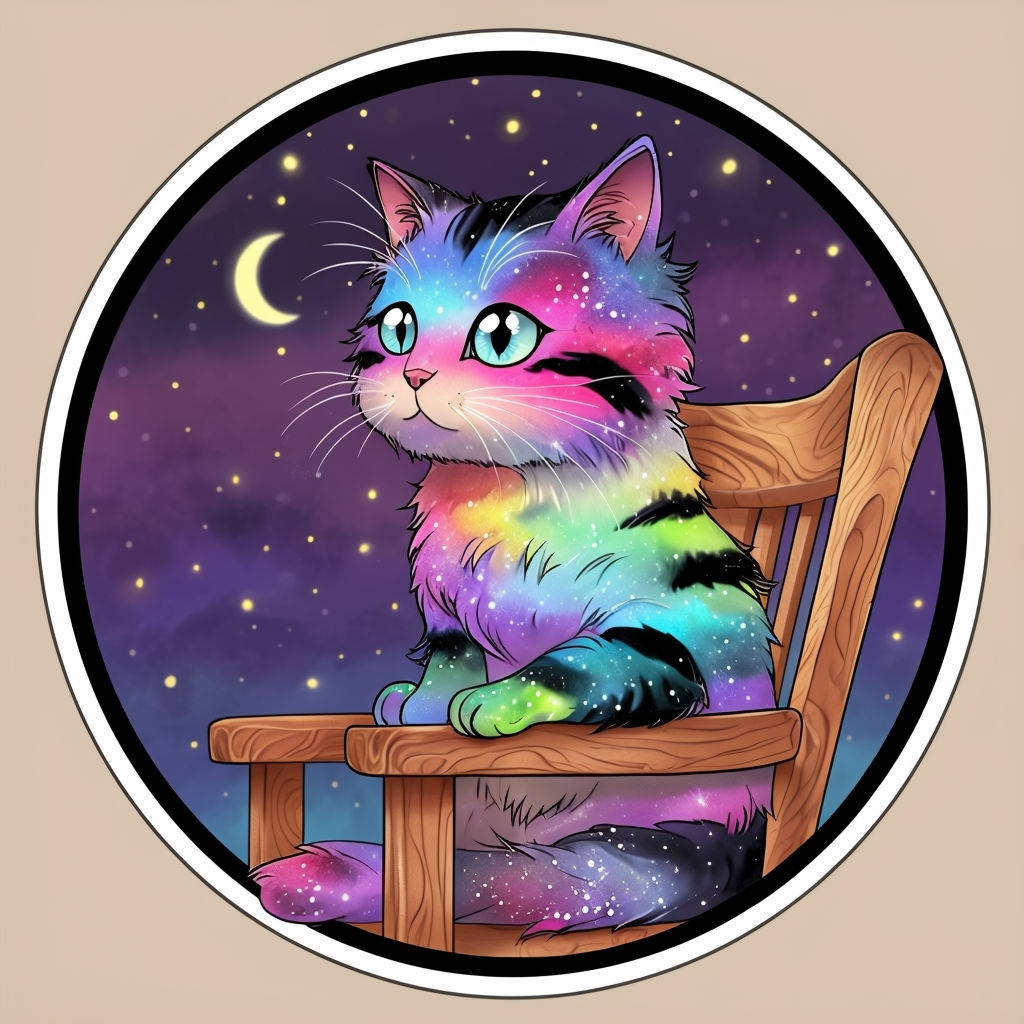 Whimsical Galaxy Cat Illustration on Wooden Chair Art