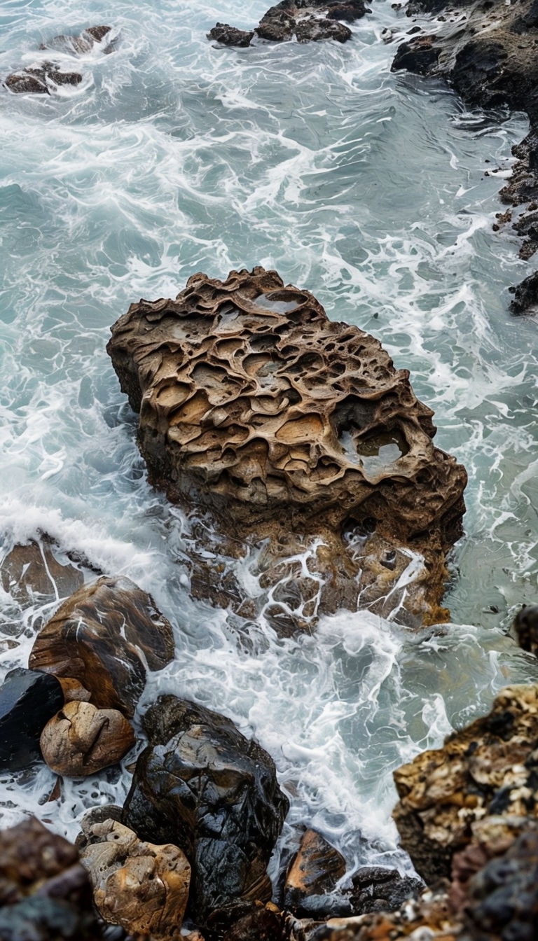Rugged Coastal Landscape with Textured Rocks and Waves Mobile Wallpaper