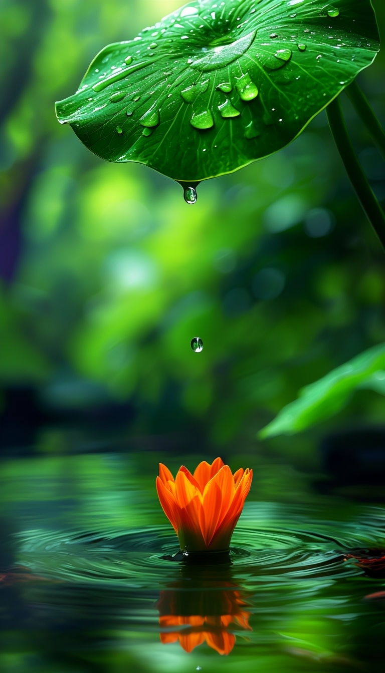Vibrant Orange Flower Reflection in Pond with Lush Green Leaves Mobile Wallpaper