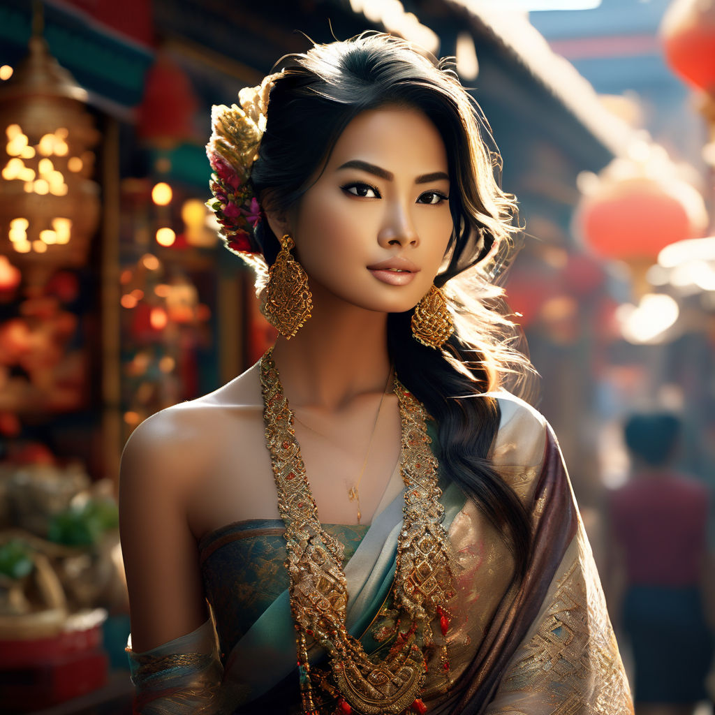 portrait of a gorgeous busty Latina in a crop top selling FISH in a THAI  market. Utilize a Nikon AF-S NIKKOR 85mm f/1.4G lens to achieve a shallow  depth of field and