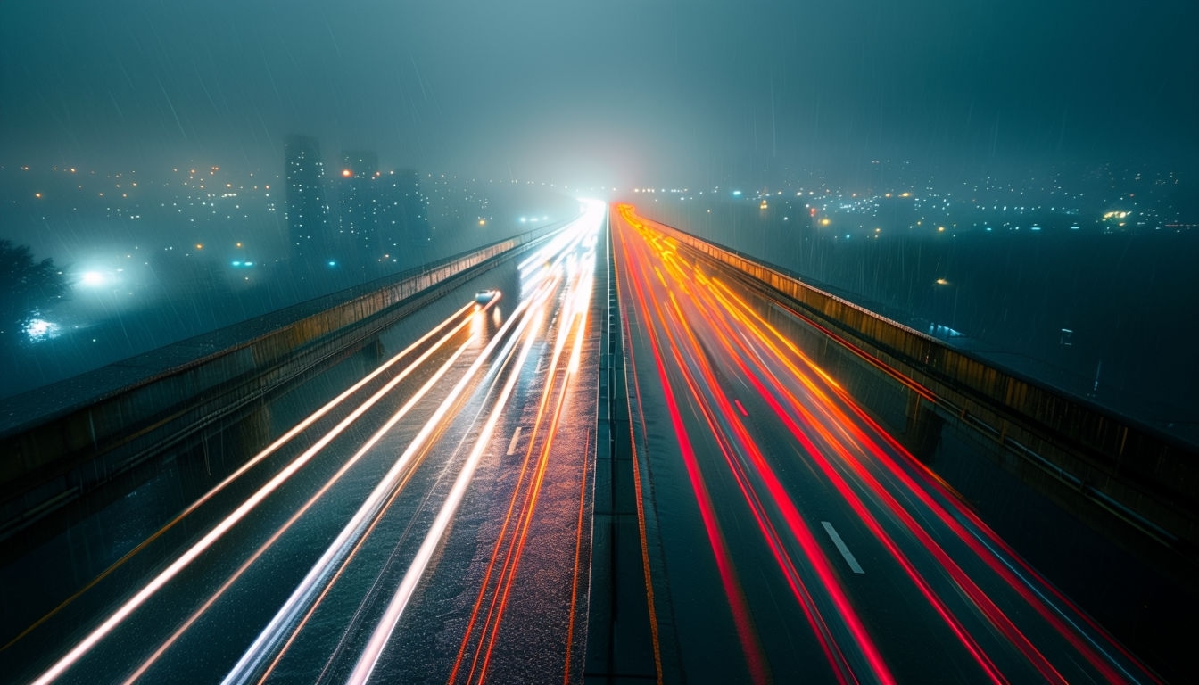 Rainy Night Highway Traffic View with Vibrant Light Streaks Virtual Backgrounds