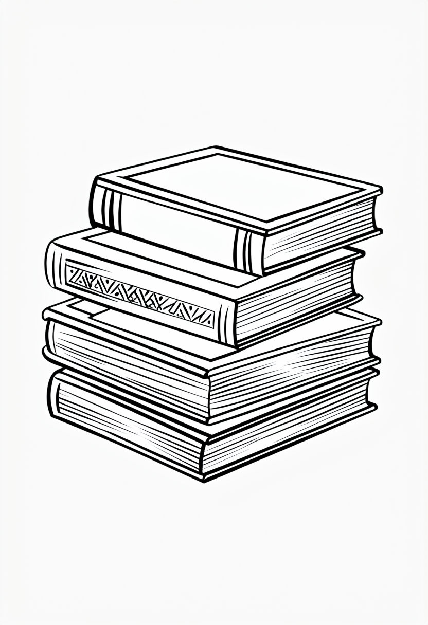 Simple Black and White Line Drawing of Leather-Bound Books Coloring Book Pages