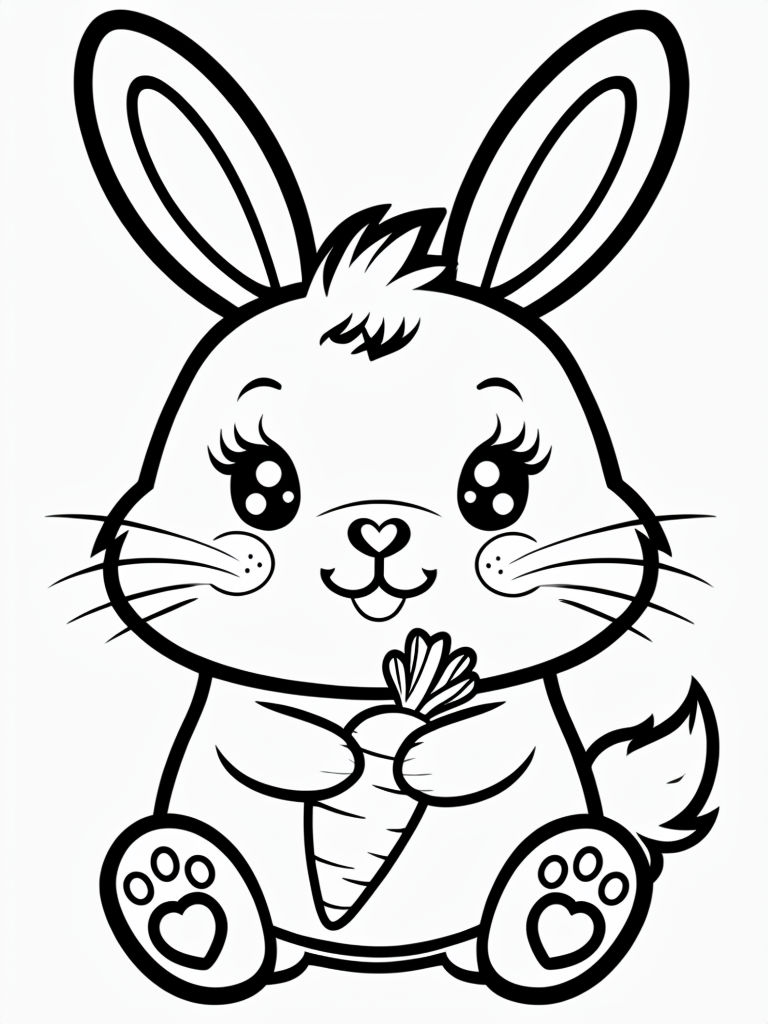 Whimsical Cartoon Bunny Holding Carrot Coloring Book Page