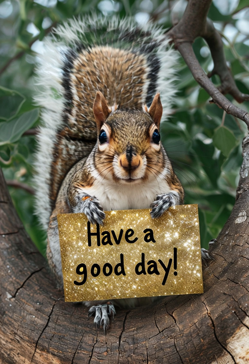 Cheerful Gray Squirrel Holding 'Have a Good Day!' Sign Art