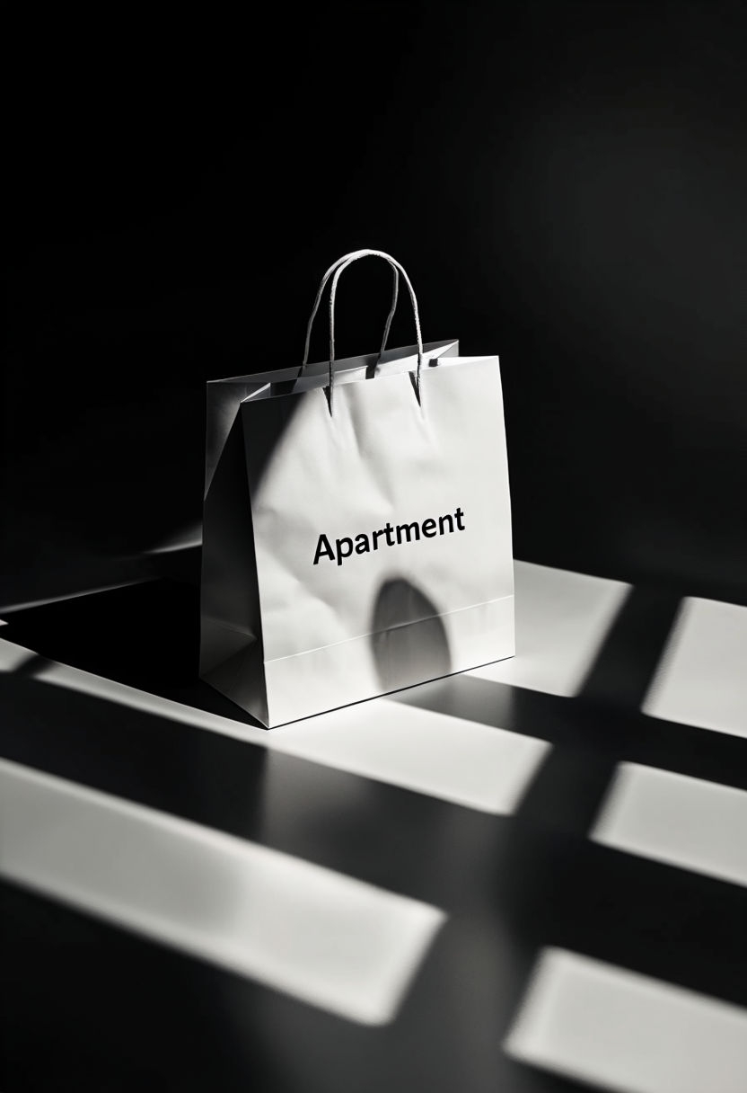 Minimalist White Paper Shopping Bag with Apartment Text Art