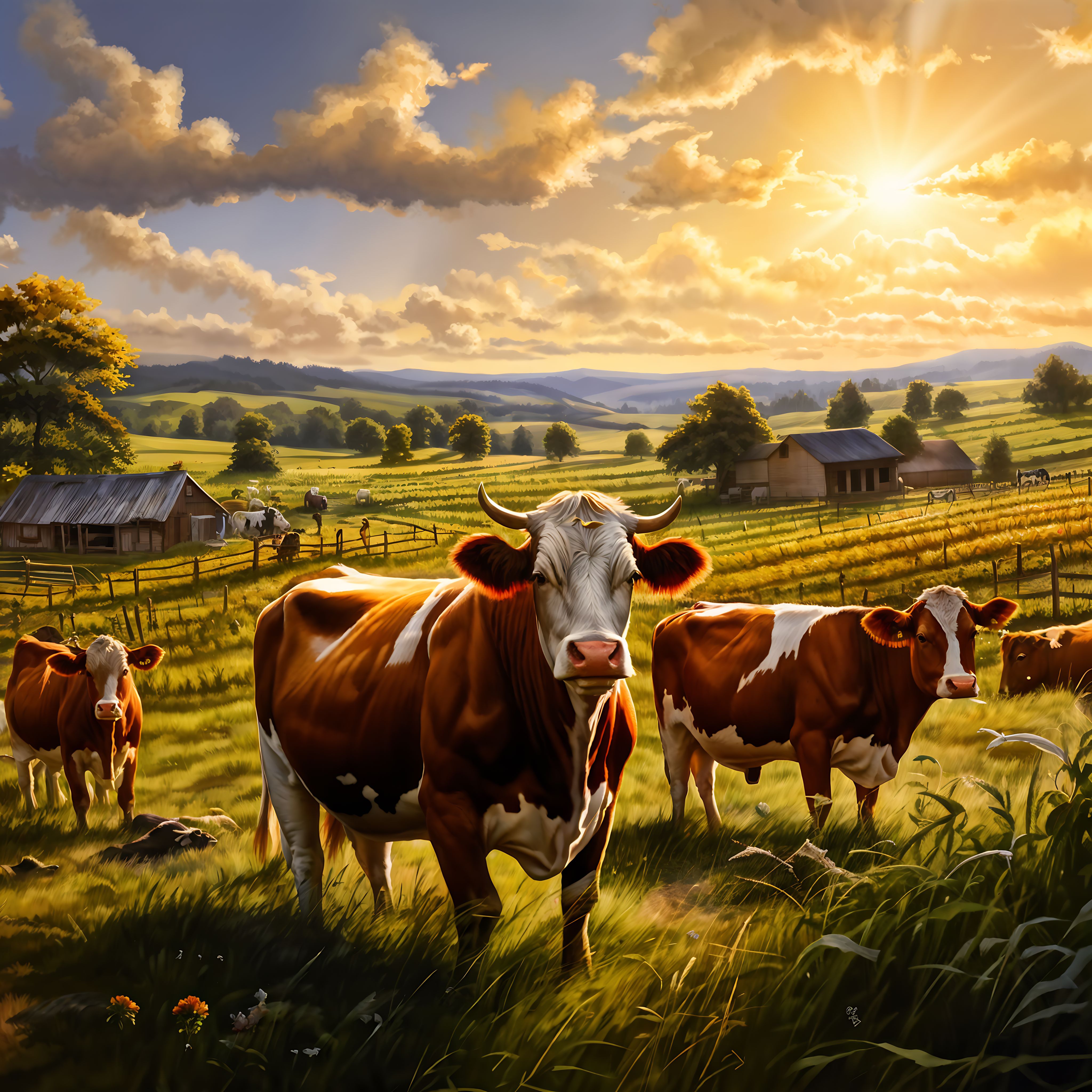 Prompt: An idyllic farm with exuberant cows grazing under a bright sun, cows enjoying their feed on the pasture, farmer watching over the scene with a sense of fulfillment, state-of-the-art farming tools peppering the landscape, Greg Rutkowski style, trending on Artstation, sharp focus, studio photo, intricate details, highly detailed., trending on artstation, sharp focus, studio photo, intricate details, highly detailed, by greg rutkowski
