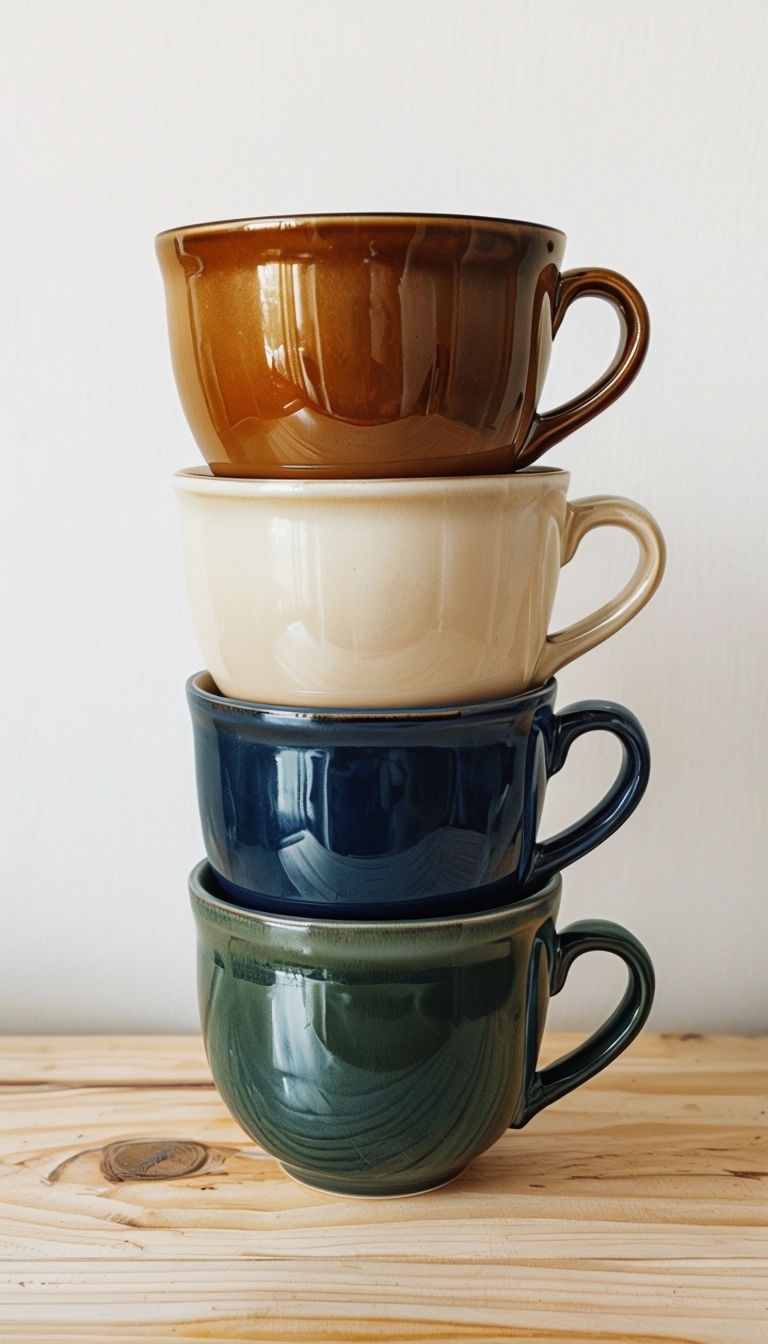 Minimalist Ceramic Cups Stacked on Wooden Surface Mobile Wallpaper
