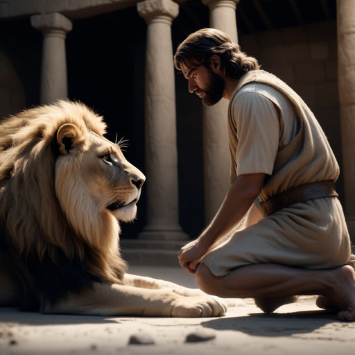 Daniel from the Bible petting a lion in the lions' den. 8k by A Palavra ...