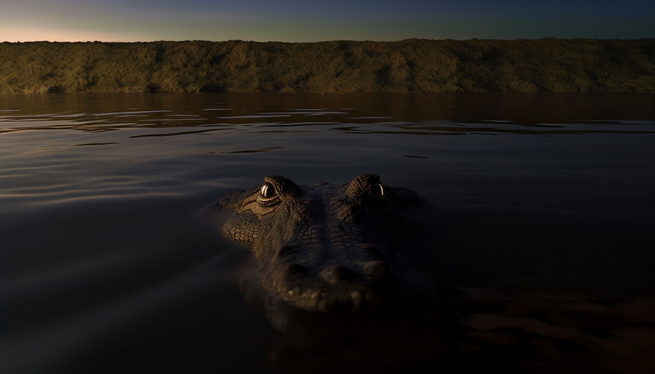 Mysterious Crocodile Lurking at Dusk River Scene Background