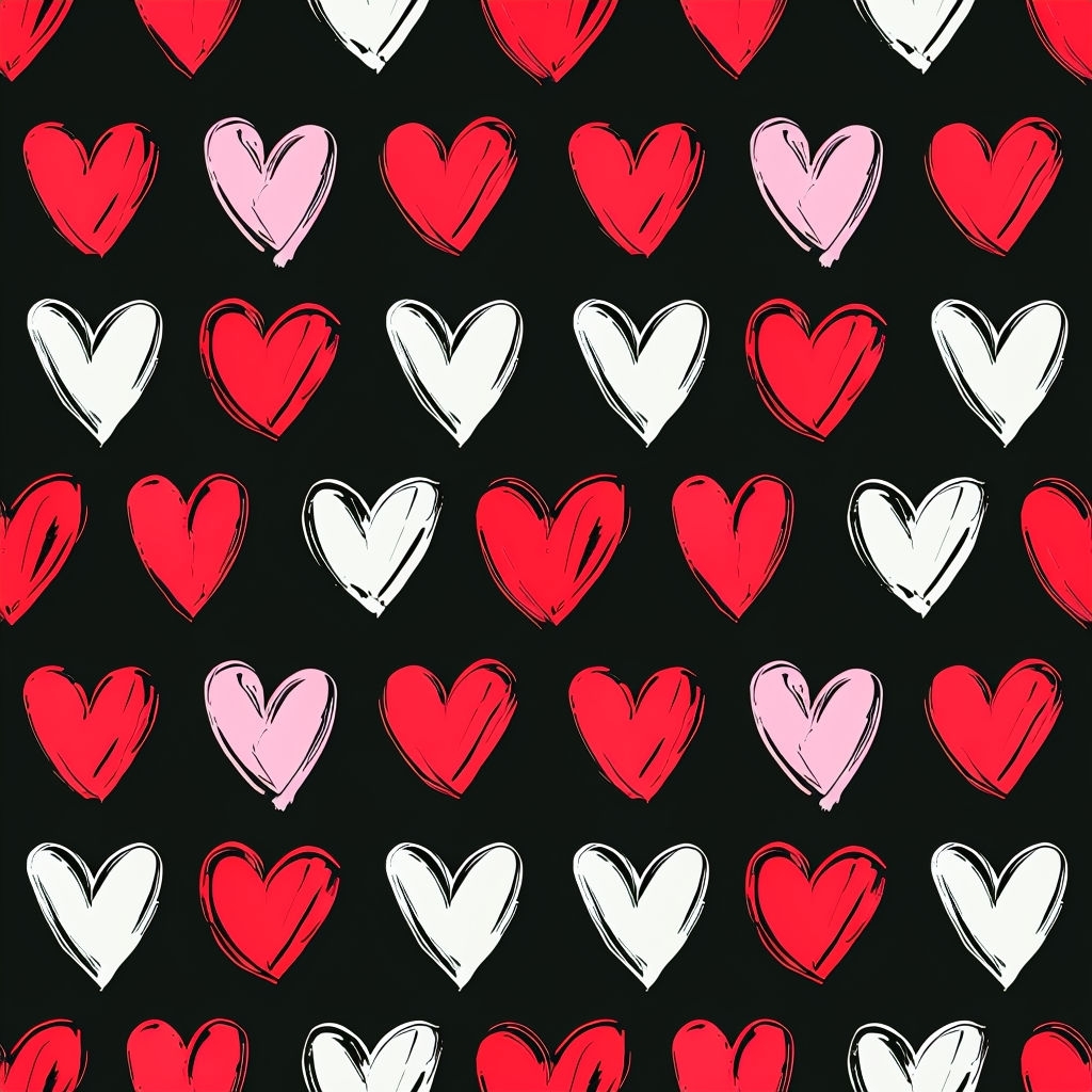 Hand-Drawn Heart Pattern on Black Background Seamless Pattern