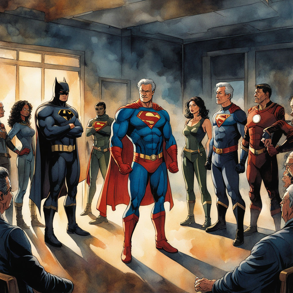 Watercolor illustration of a retired superhero addressing a ... by ...