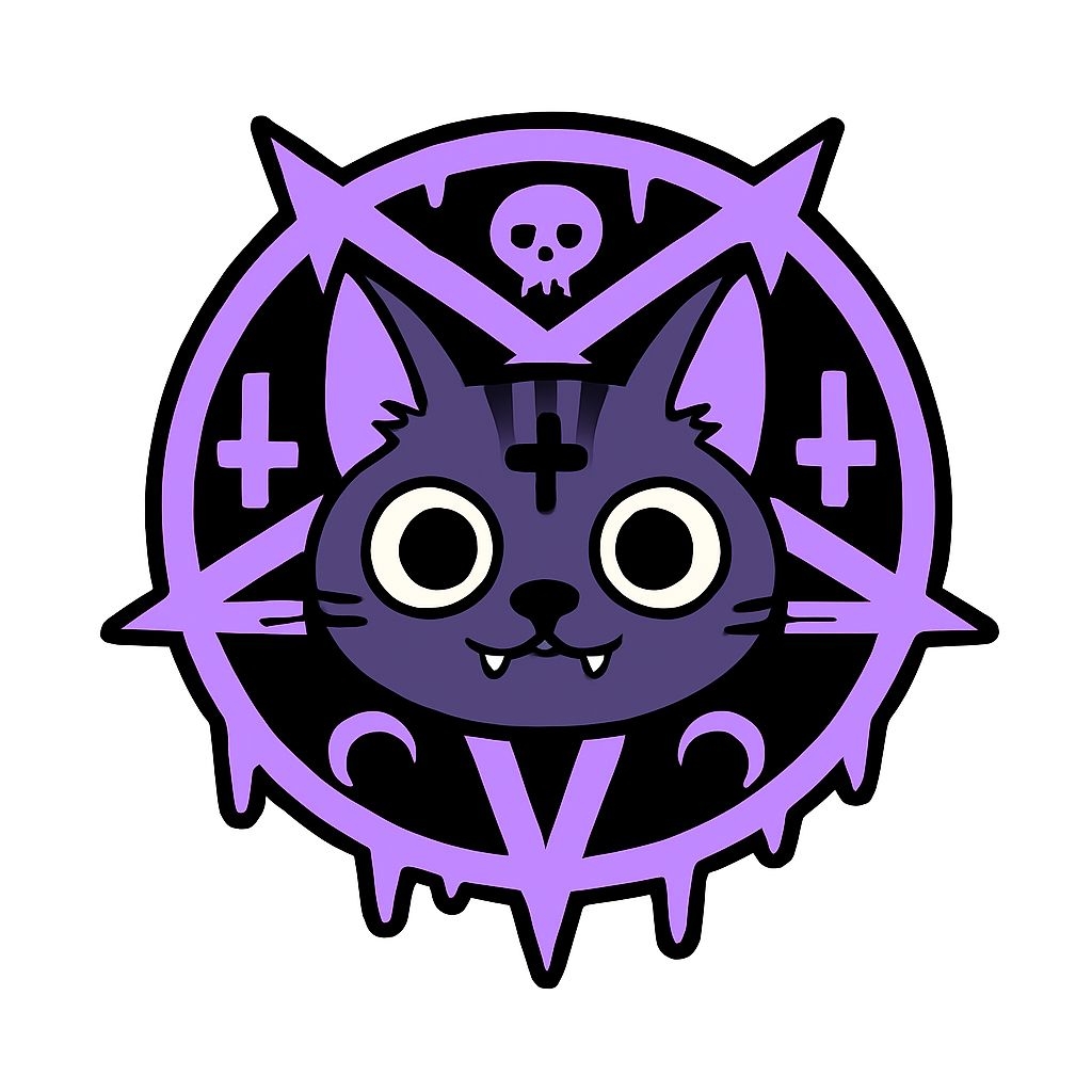 Whimsical Dark Cat Illustration with Occult Symbols Sticker