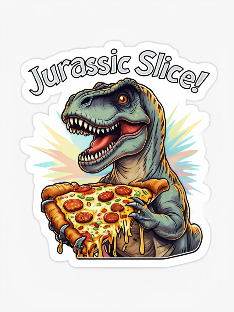 Happy Cartoon T-Rex with Pizza Slice Sticker