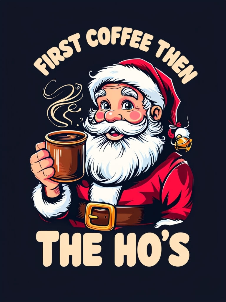 Cheerful Santa Claus with Coffee Cartoon Illustration Poster