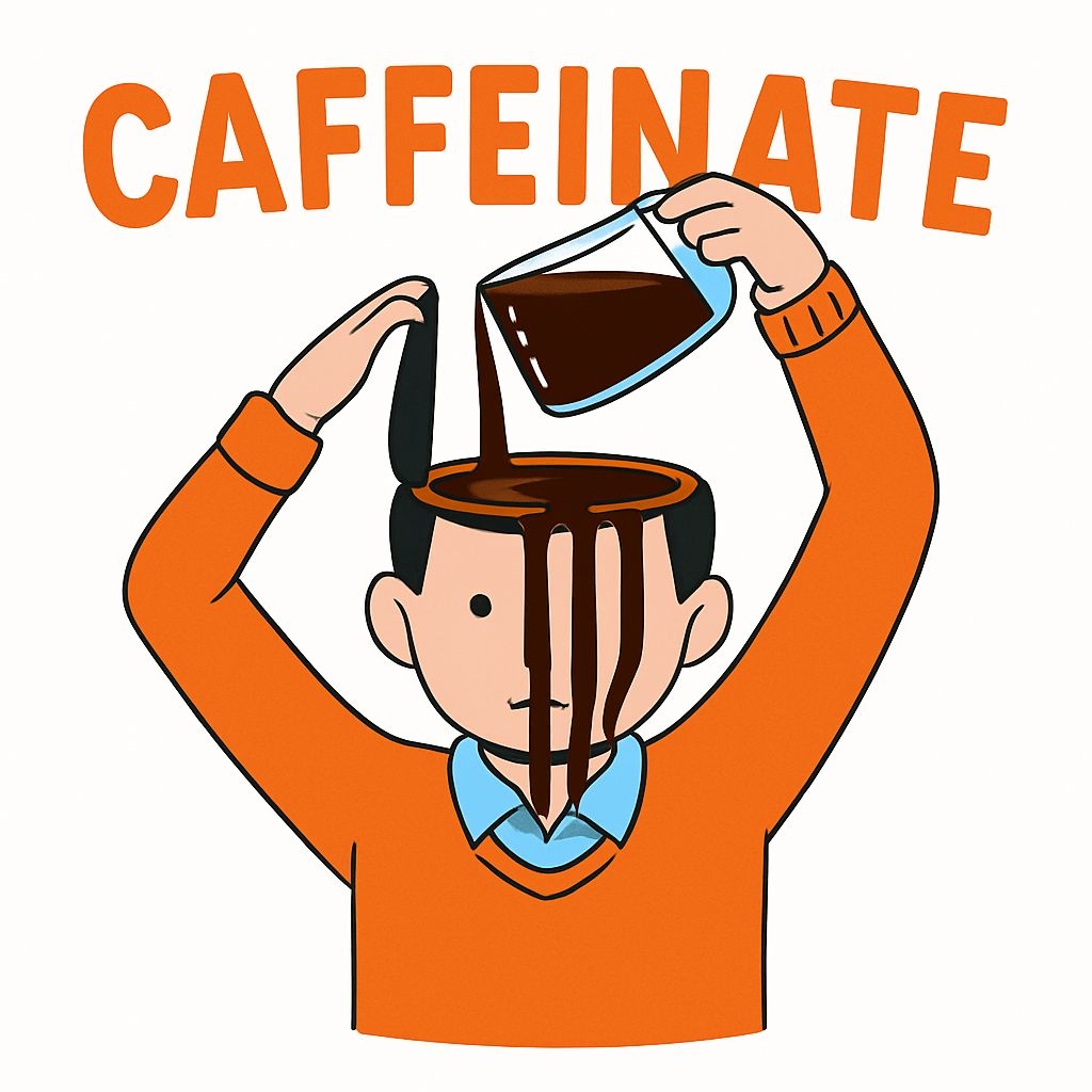 Caffeinate Cartoon Character with Coffee Mug Illustration Mug