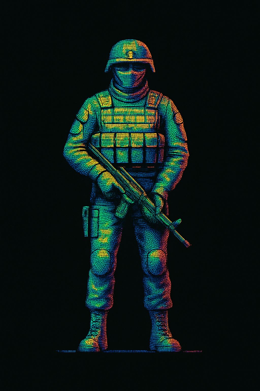 Vibrant Neon Soldier Illustration in Retro-Futuristic Style T-shirt