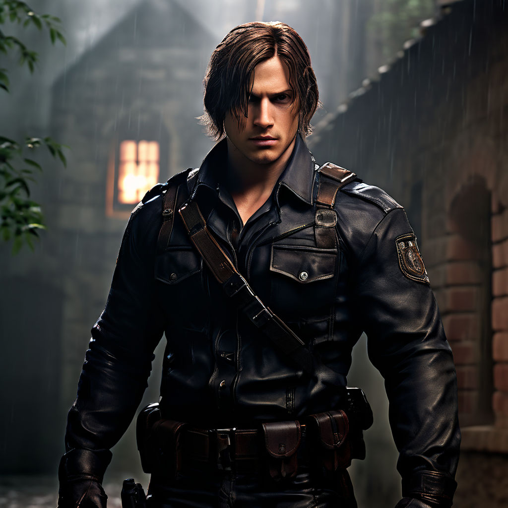 Incredibly realistic detailed photo of Leon S Kennedy from Resident Evil 4  holding a kitten.