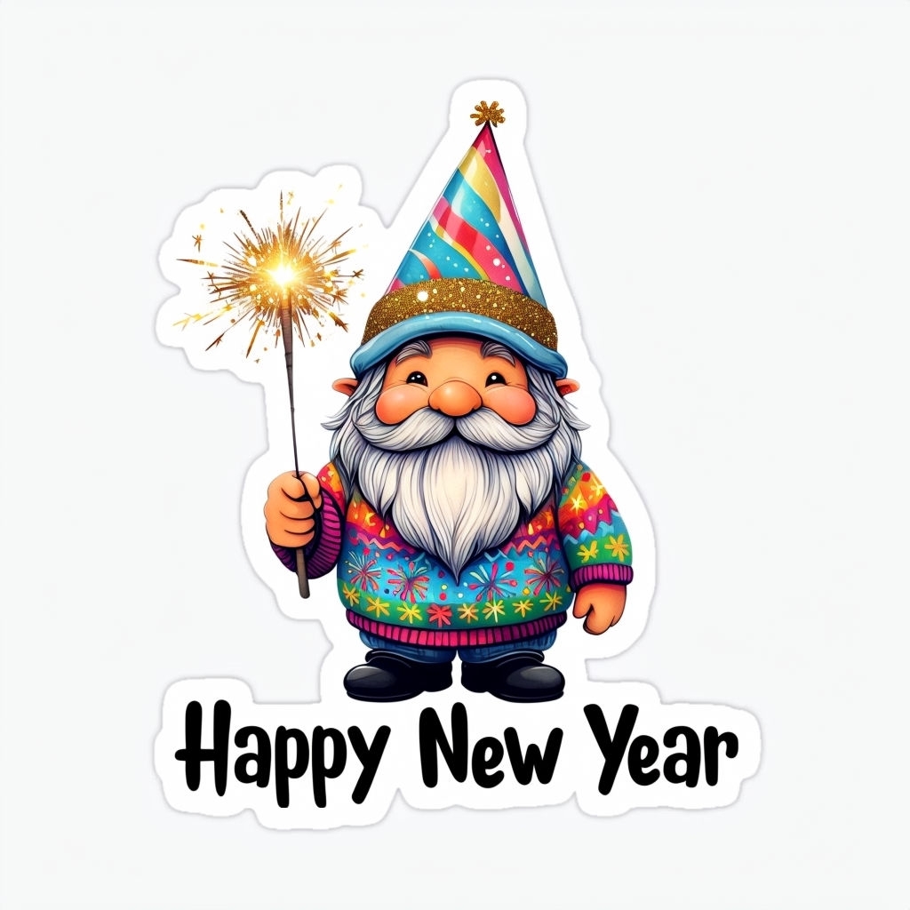 Whimsical New Year Gnome with Sparkler and Cheerful Design Sticker