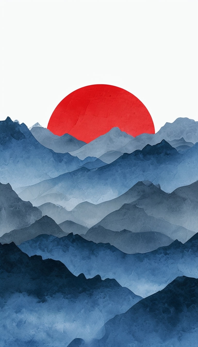 Tranquil Blue Gray Mountain Landscape with Red Sun Mobile Wallpaper