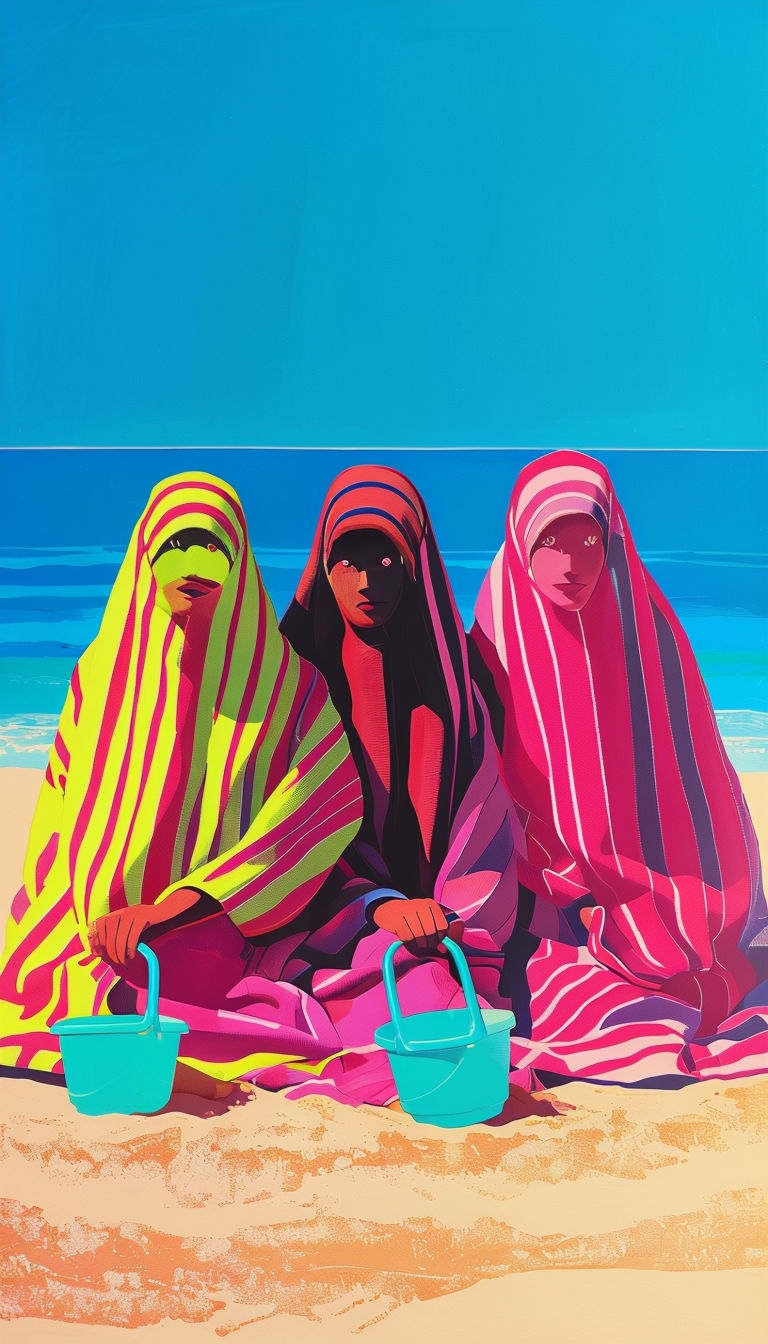 Vibrant Beach Scene with Stylized Figures and Towels Illustration Art