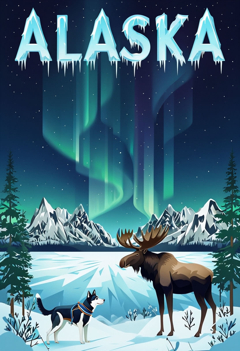 "Serene Alaskan Winter Landscape with Northern Lights Poster"