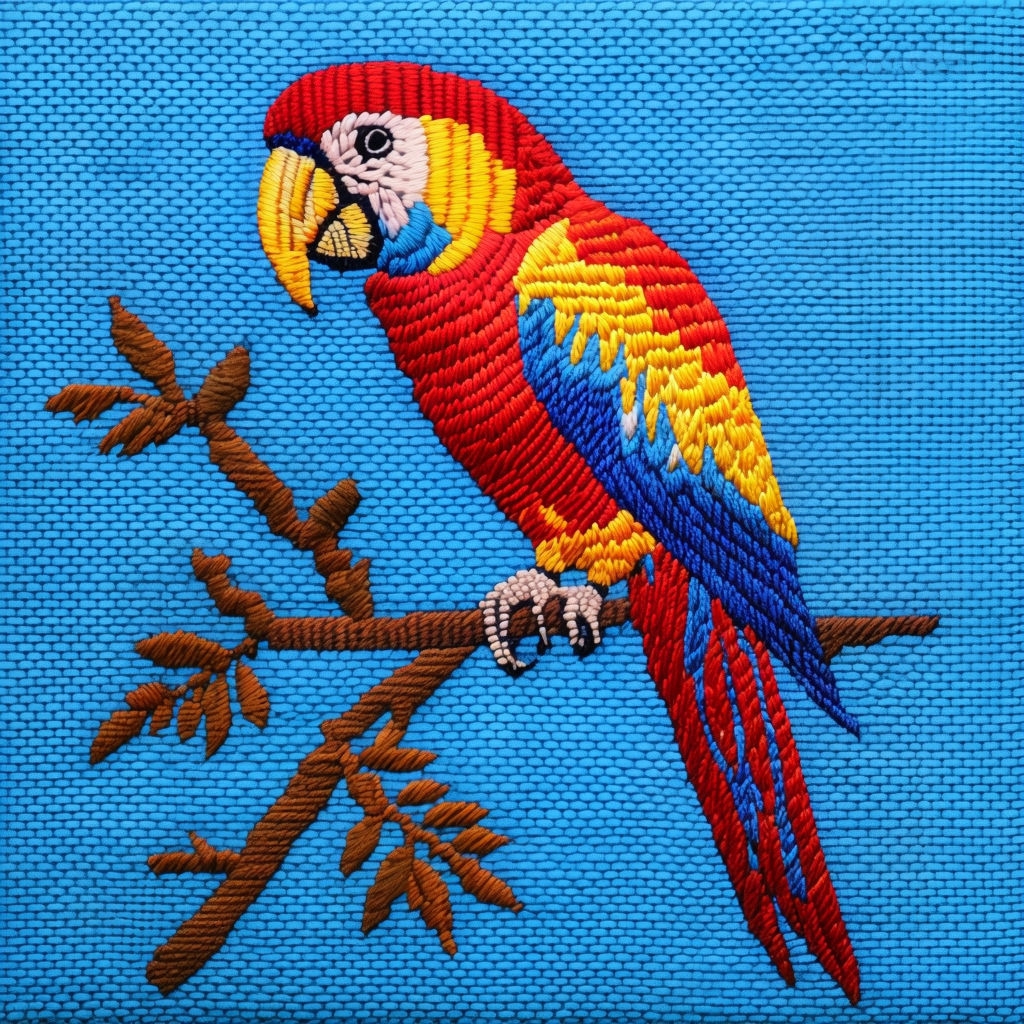 Vibrant Embroidered Parrot on Branch T-Shirt