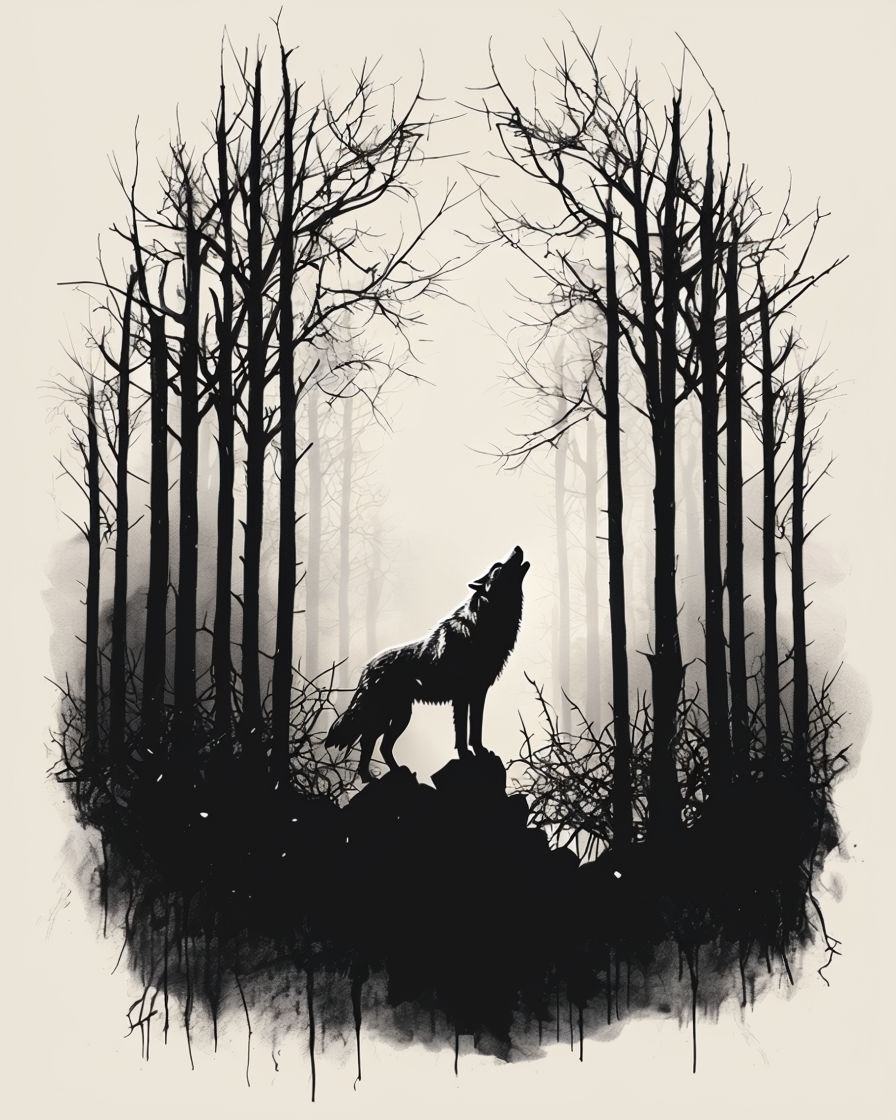 Silhouetted Howling Wolf in Ethereal Forest Scene T-shirt
