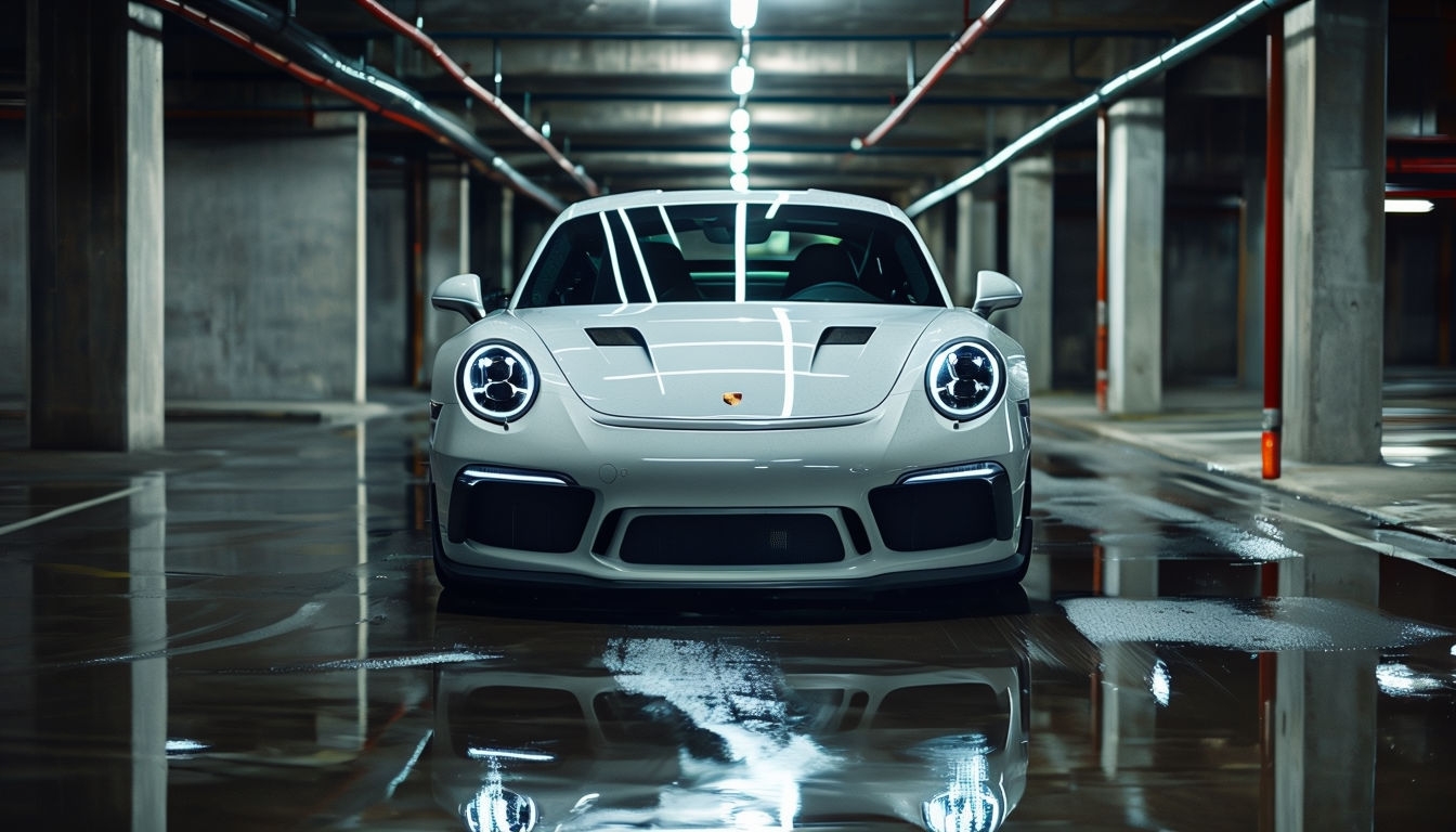 Sleek White Sports Car in Dimly Lit Parking Garage Background Virtual Backgrounds