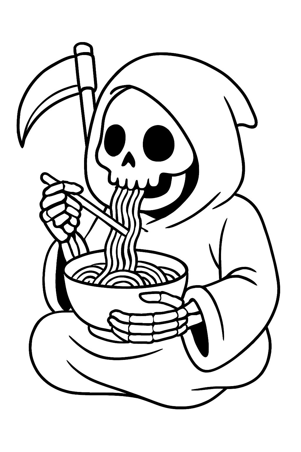 Skeletal Figure Eating Noodles with Chopsticks Coloring Book Pages