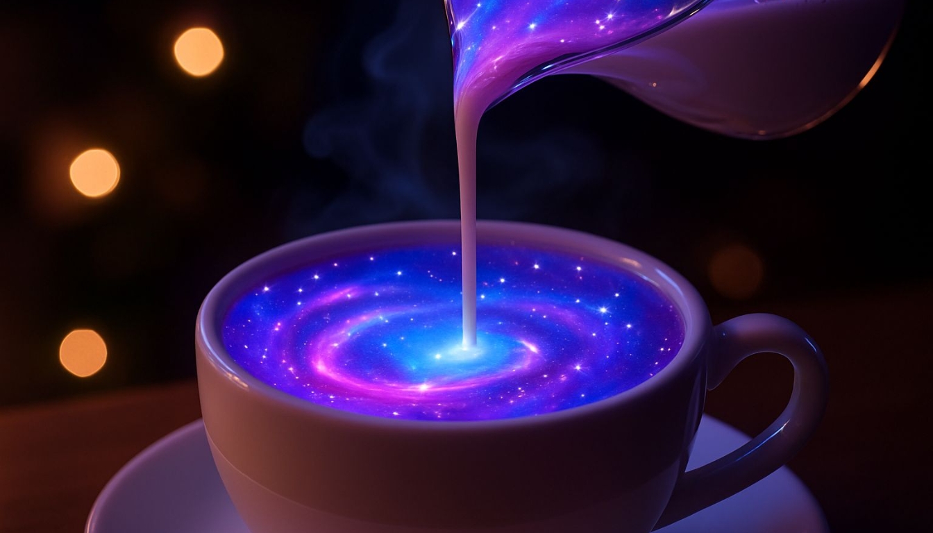 Galactic Coffee Pouring into Cosmic Cup Illustration Background Virtual Backgrounds