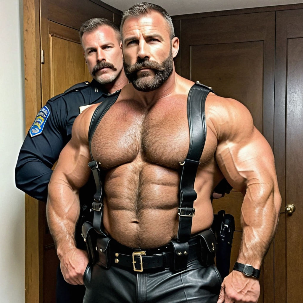 hairy 40 year old daddy wearing leather cop uniform