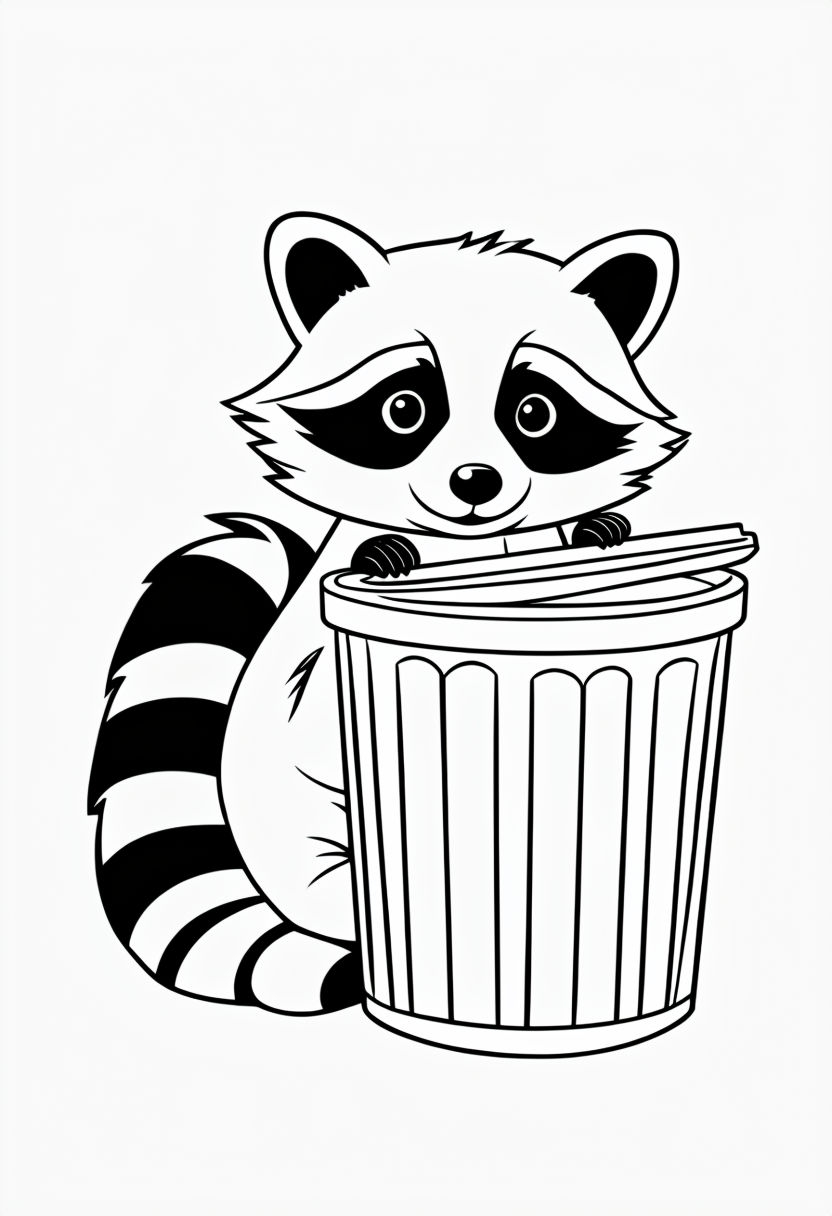 Curious Raccoon Peeking from Trash Can Line Art Coloring Book Page